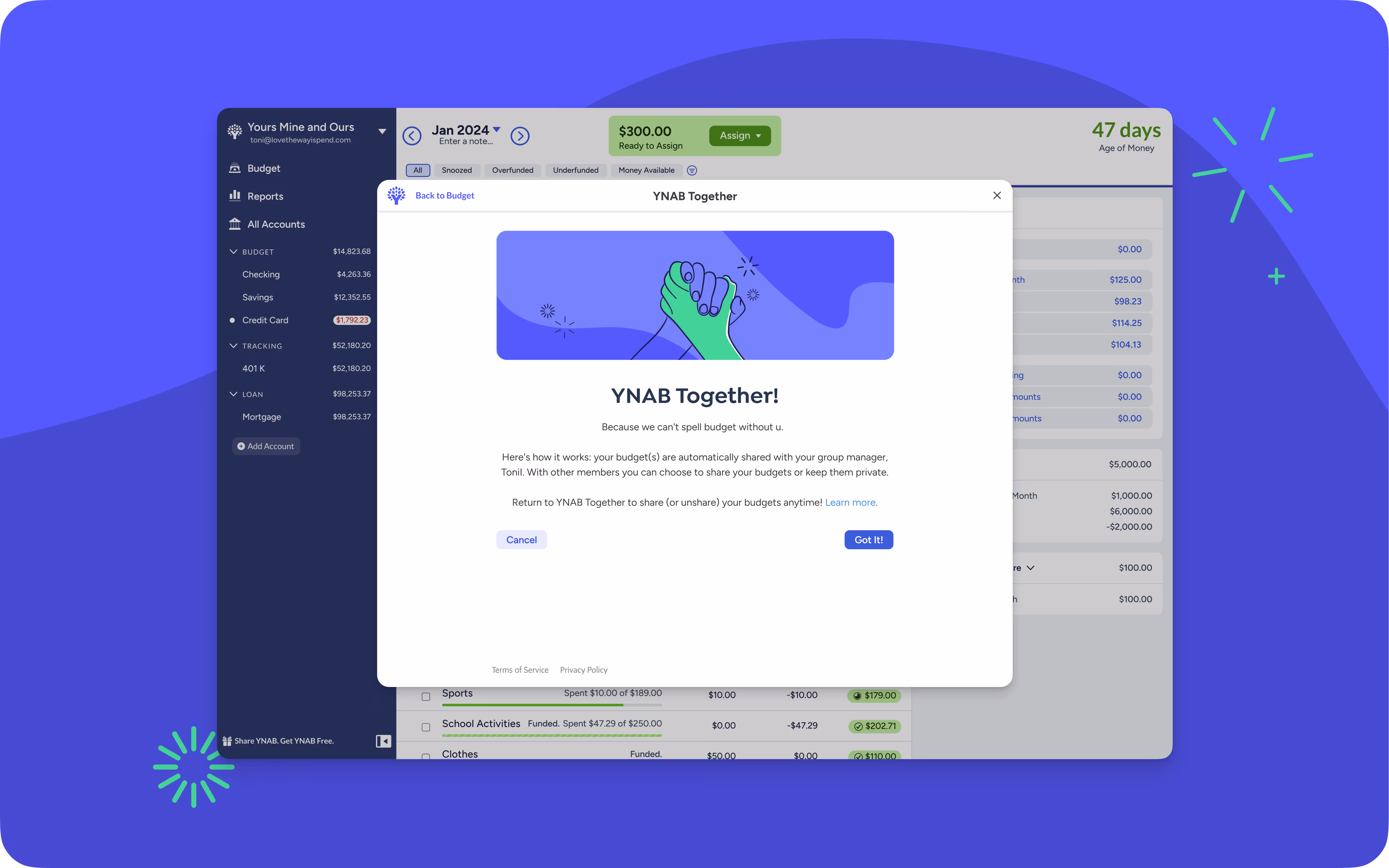 The welcome screen for an account joining a YNAB Together group